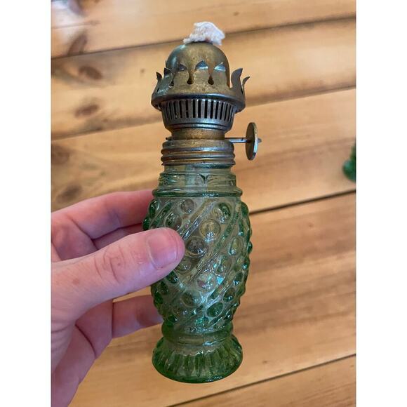 Set of 2 Vintage Small Green Glass Oil Lamps. MCM? Farmhouse Decor. 6" - Picture 3 of 6